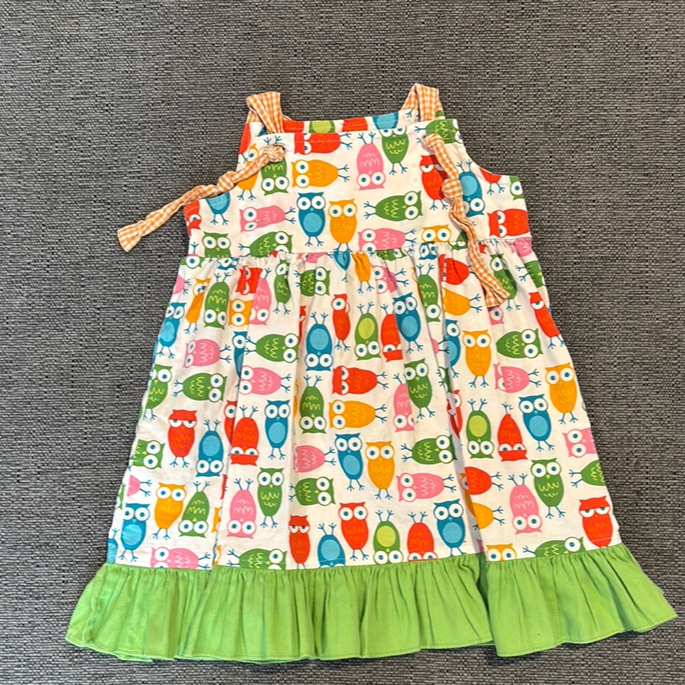 Colorful Owl Print Dress with Green Hem